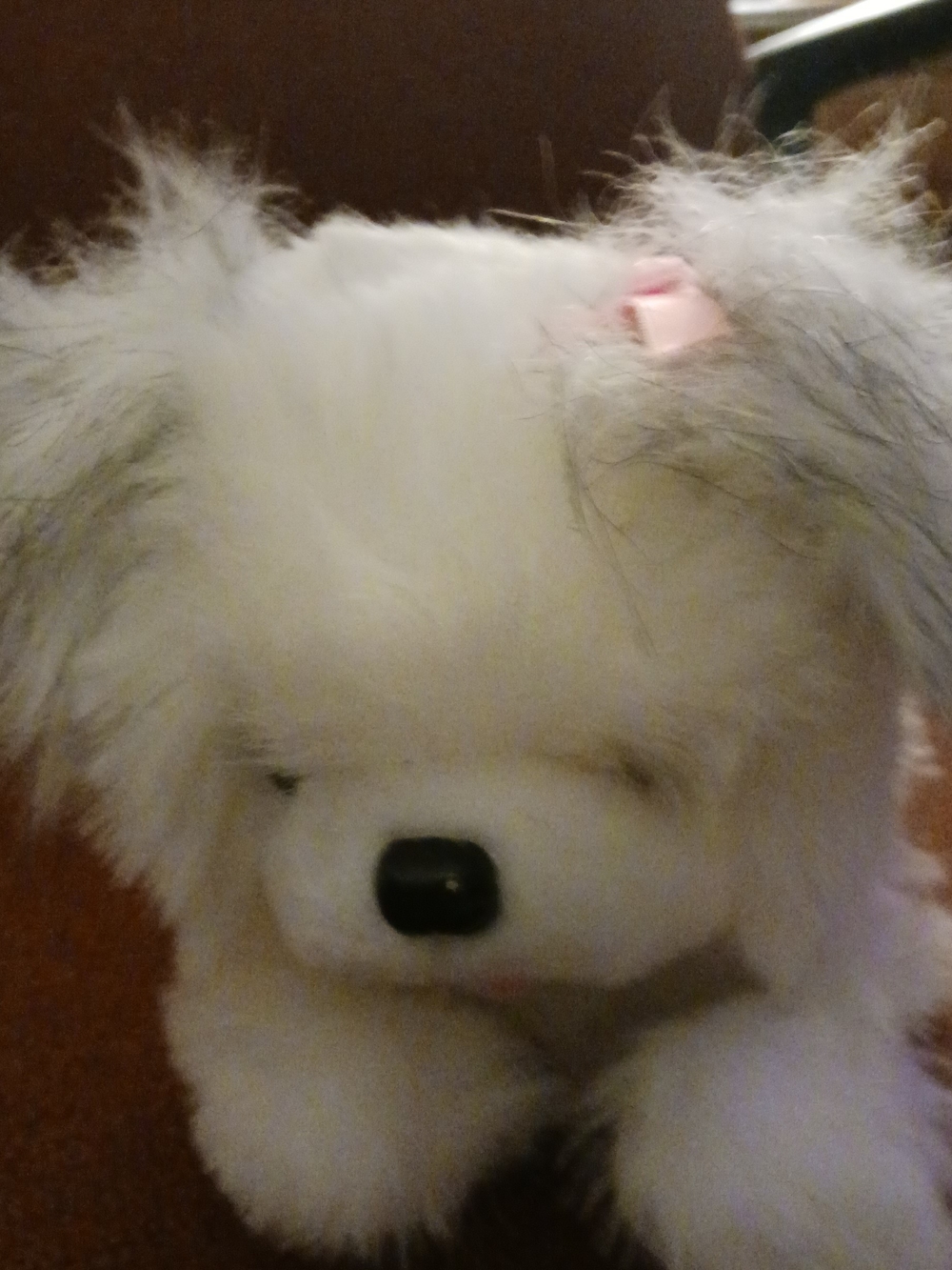 On Running White & Gray Plush Dog Toy with Pink Bow